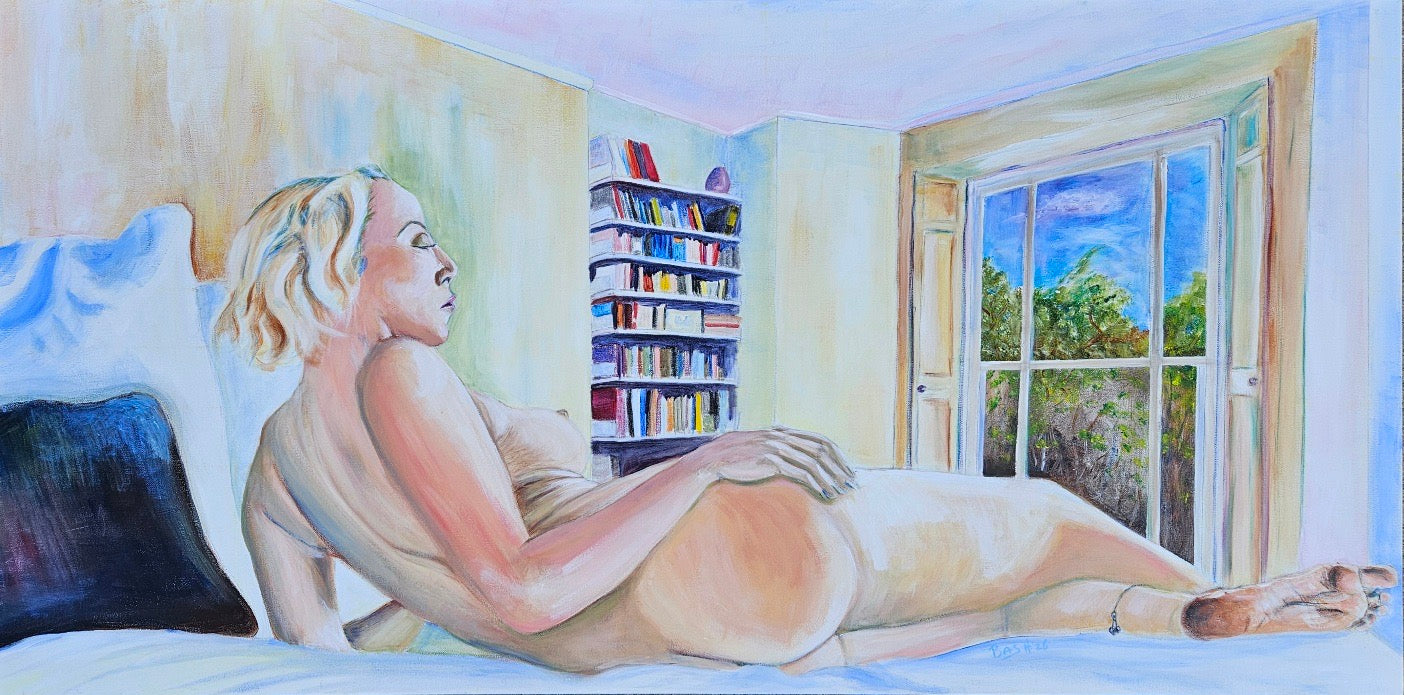 Reclining nude with a book case