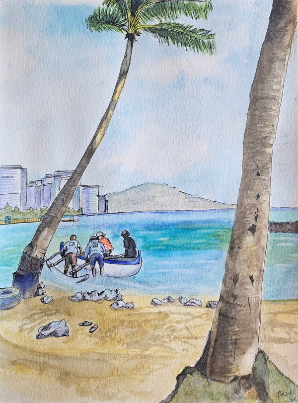 Outrigger at Waikiki beach, Hawaii (Giclee Print)